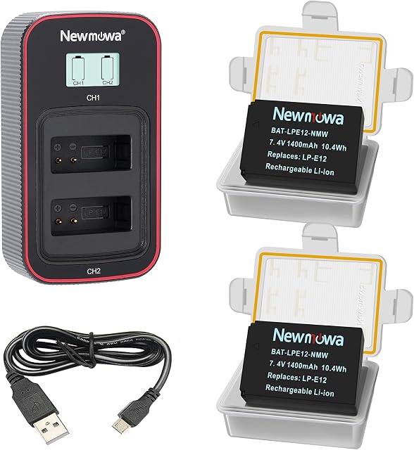 Newmowa LP-E12 Replacement Battery (2-Pack) and Smart LCD Display Dual USB Charger for Canon LP-E12 and Canon EOS M,M2,EOS M10,EOS M50,EOS M100,EOS M200,EOS Rebel SL1,EOS 100D,PowerShot SX70 HS