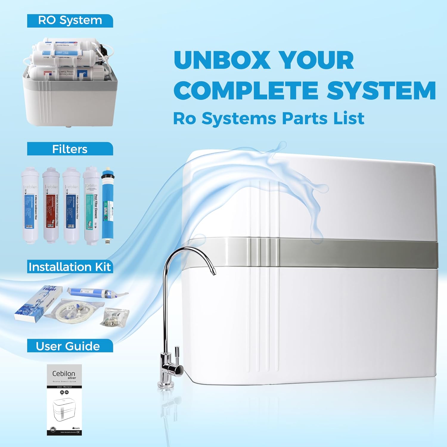 Aura Cebilon Silver Reverse Osmosis System, 5 Stage Under Sink Water Filter, 75 GPD Capacity, 8L Tank, Easy Installation, pH Balancing Mineral Filter, Domestic Use, Chlorine & Odor Reduction