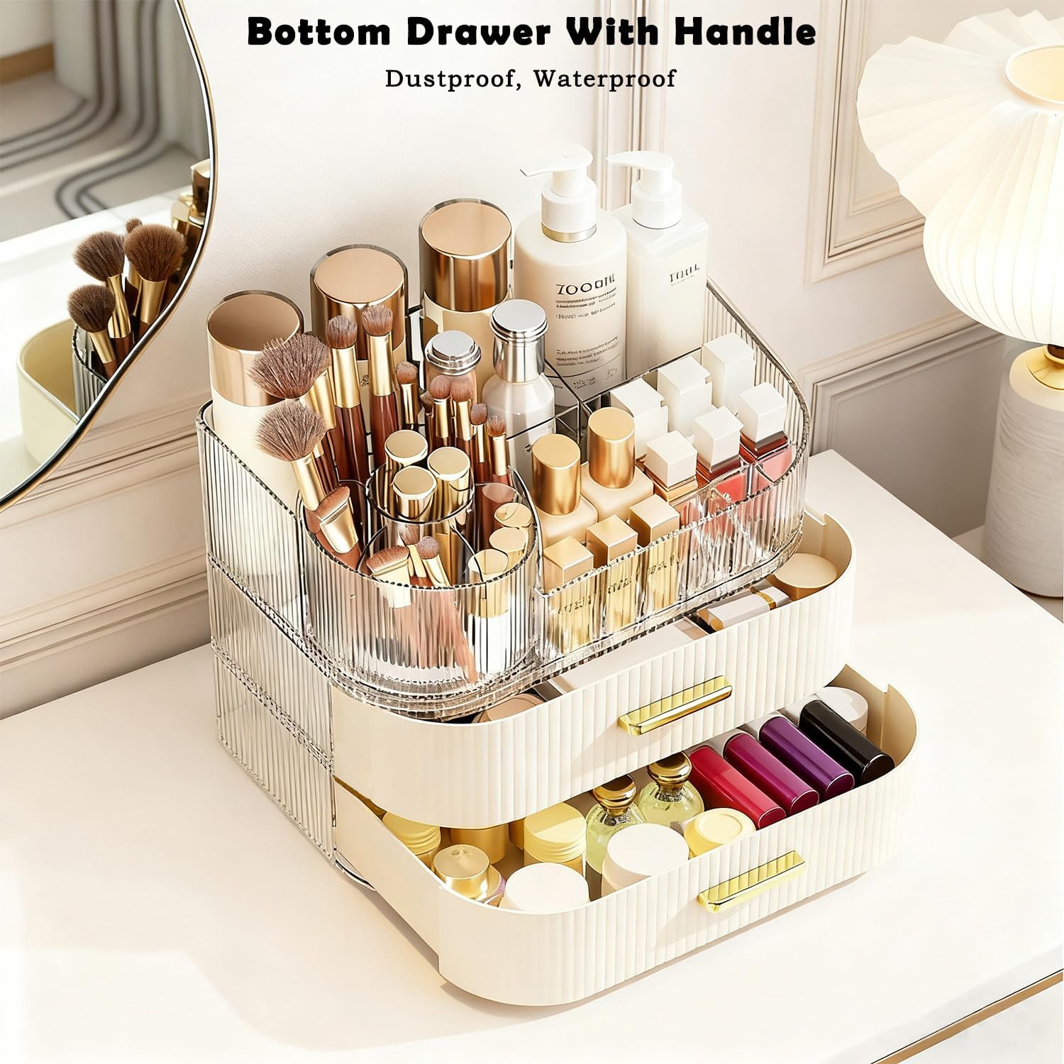 Makeup Organizer for Vanity with Stackable Drawers, 360 Rotating Makeup Brush Holder Large Cosmetic Display Case for Dresser, Bathroom Countertop Skincare Storage, Ideal Gift for Girls (3-layer)