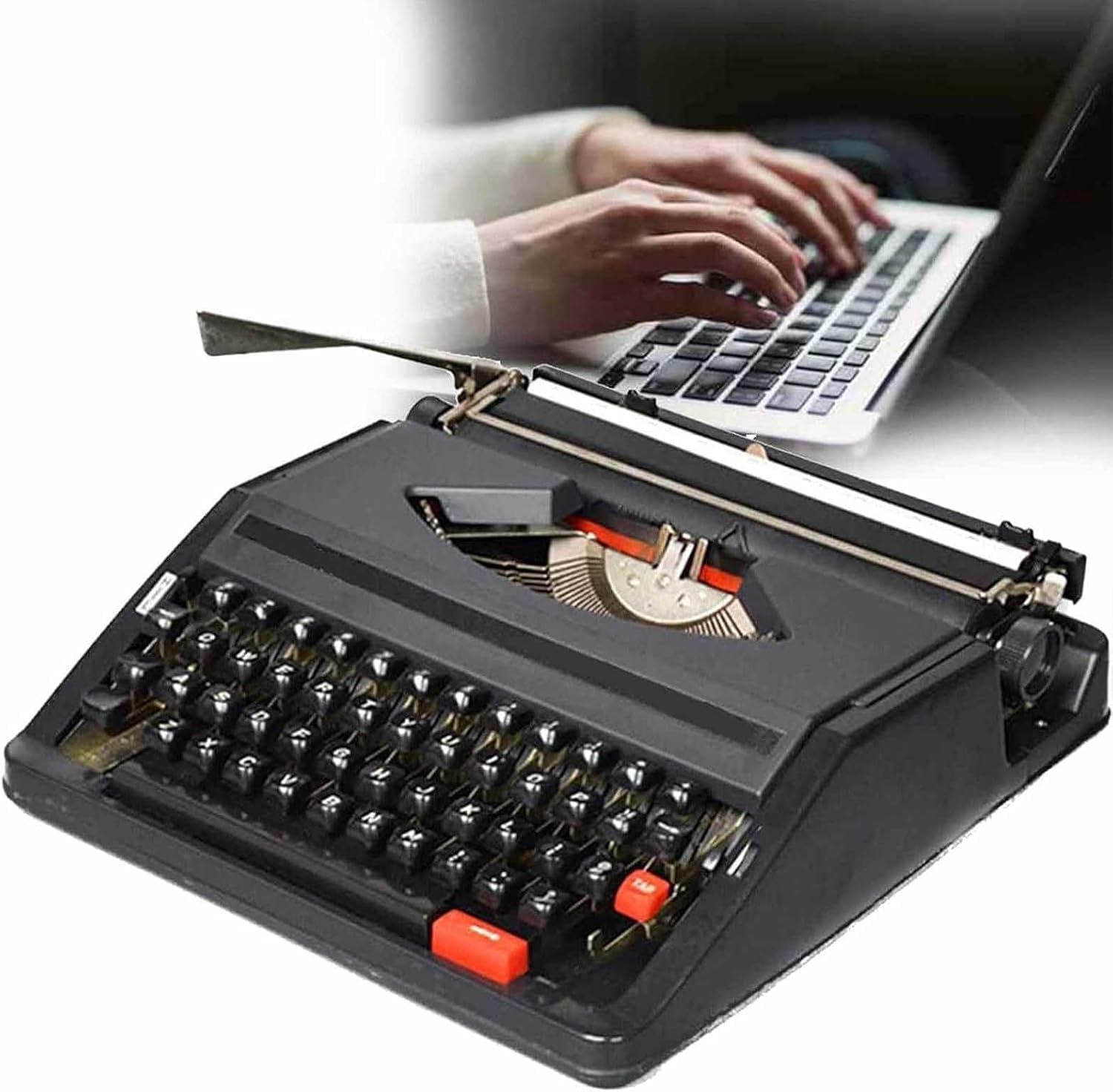 Vintage Manual Typewriter with Carry Case - Portable Tinplate Writing Machine for Clear Handwriting | Retro Mechanical Typewriter for Letters & Creative Writing (With Red button)