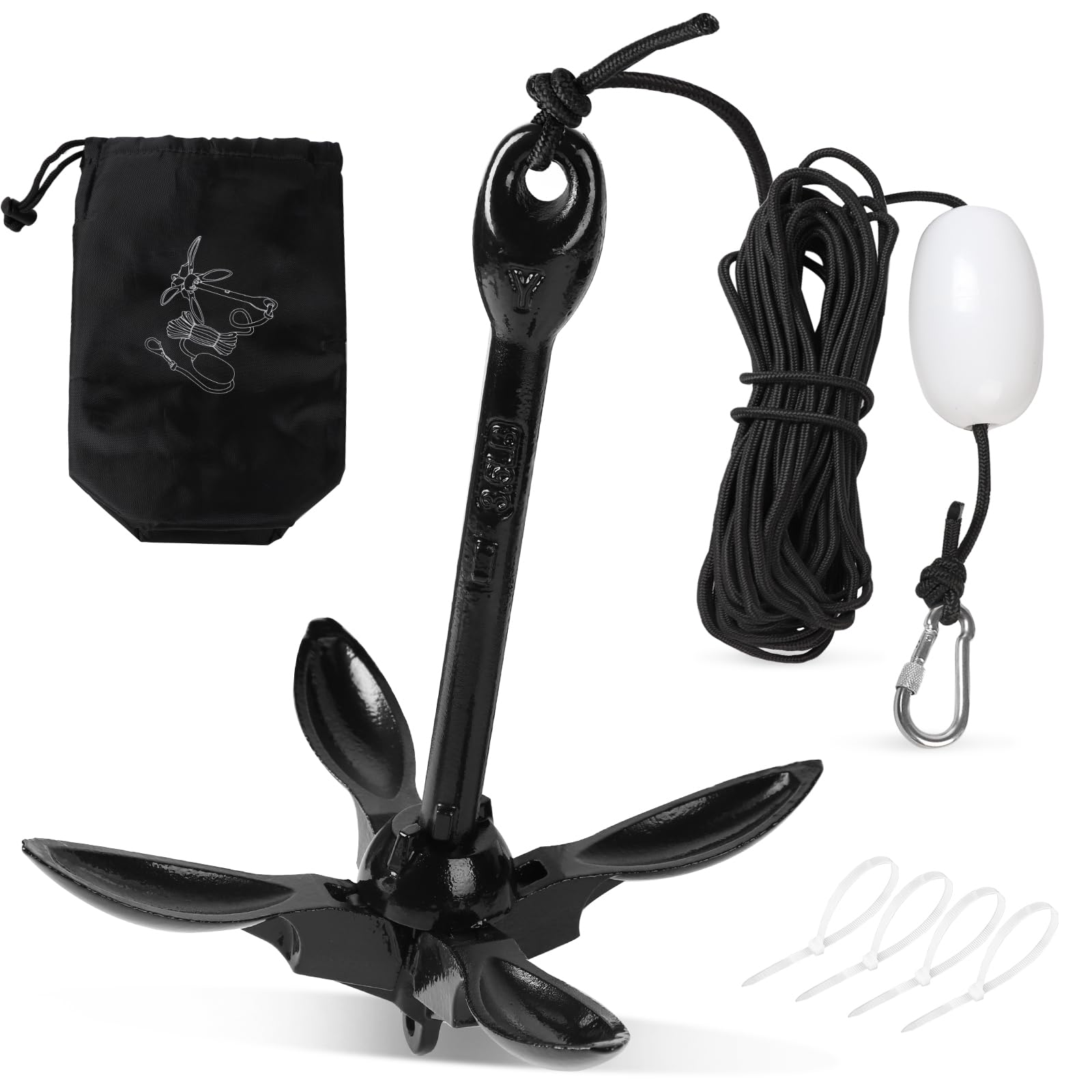SWAWIS Anker Boot 1,5KG Bootsanker Bootszubehör Klappanker Sup Anker mit 20M Ankerleine Bojenkugel und Aufbewahrungstasche für Schlauchboot Belly Boot Tretboot Paddelboot, Schwarz