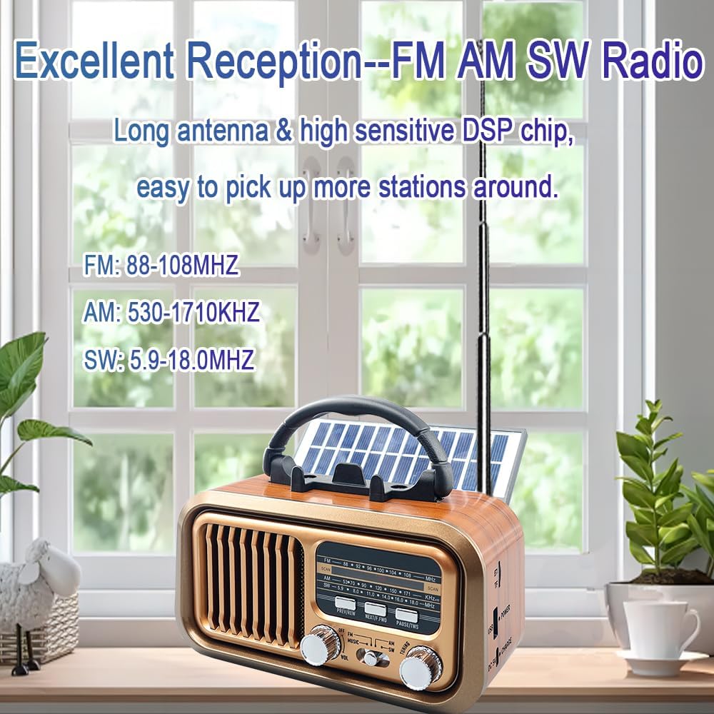 Portable Vintage Retro Radio AM FM with Excellent Reception, Transistor Shortwave Radio Rechargeable, D Battery or Solar Powered, Music Speaker Support Mirco SD/TF Card USB Player - Image 2