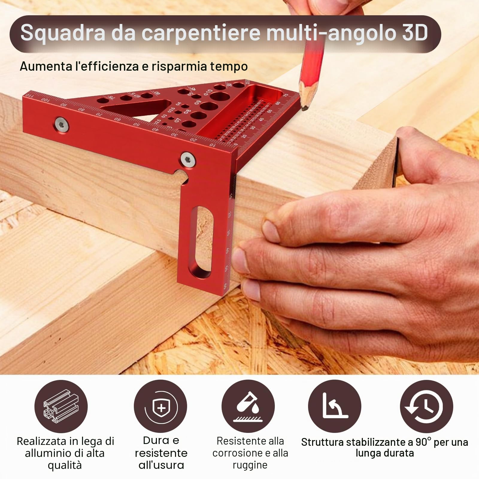 3D Squadra da Falegname con Perni Nascosti, Squadretta Falegname per Carpentiere, Squadra Combinata Multifunzione, 22.5-90°Squadra da Carpentiere in Alluminio per falegname, Ingegnere, ecc