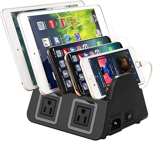 Estación de carga con 5 puertos USB, organizador para múltiples dispositivos, soporte de escritorio de carga rápida para teléfono Apple Android,