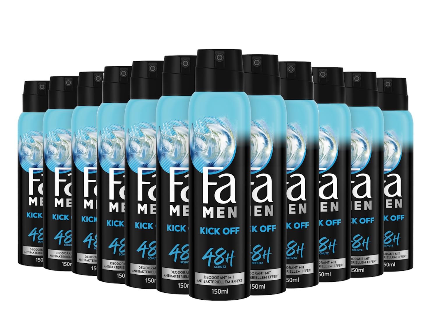 Fa Desodorante y spray corporal Kick Off Men (12 x 150 ml), desodorante en spray con aroma fresco y activador, desodorante sin aluminio para hasta 48 h de protección, no deja residuos de desodorante