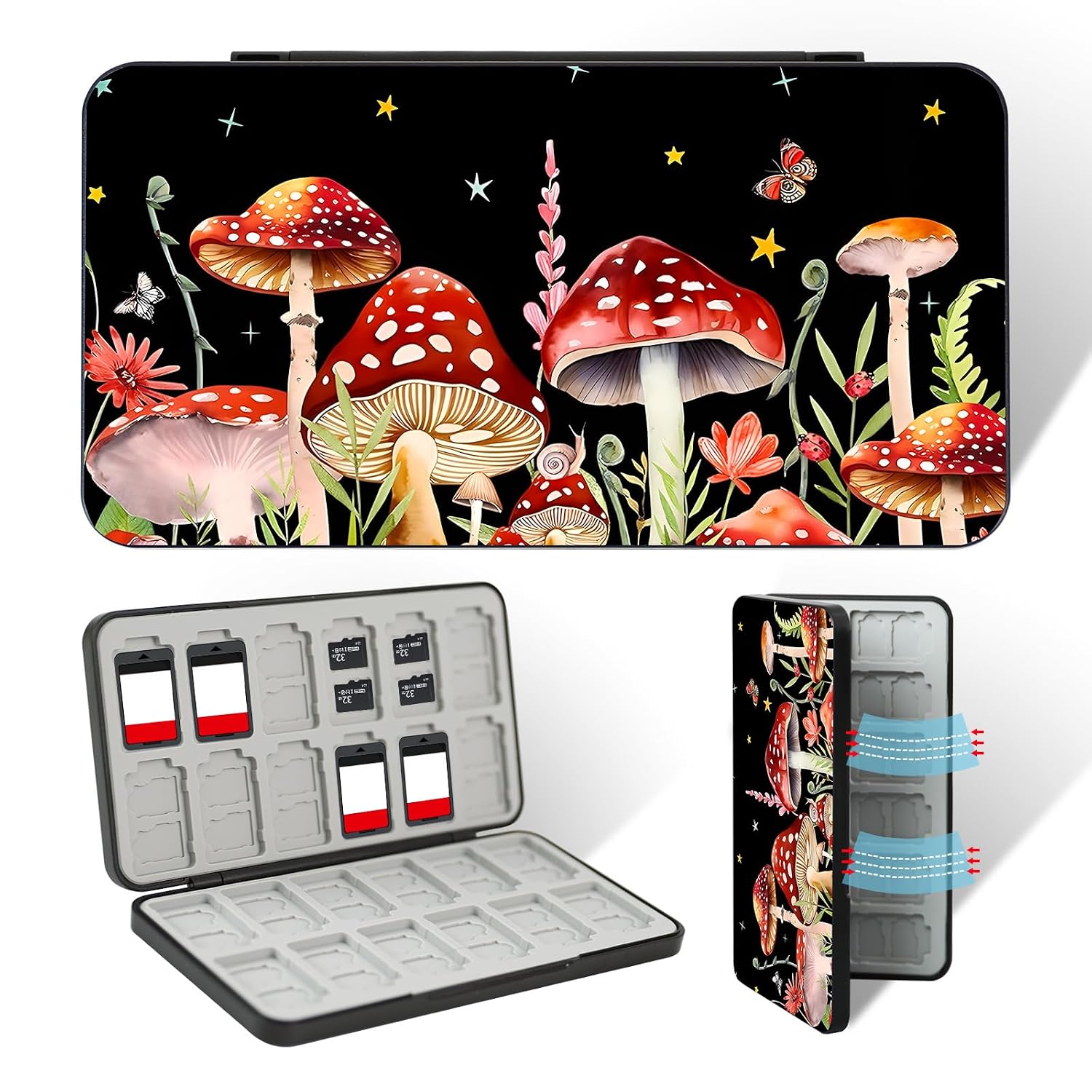 FlyingMage 24 Switch Game Card Case for Nintendo Switch 2/OLED/Lite, Cute Switch Game Holder Cartridge Case for 24 Slots Game Card and 48 SD Card Storage, Switch 2 Compact Card Holder, Black Mushroom