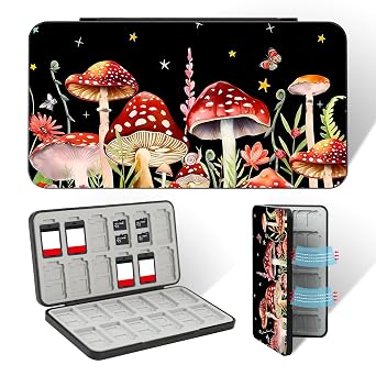 FlyingMage 24 Switch Game Card Case for Nintendo Switch 2/OLED/Lite, Cute Switch Game Holder Cartridge Case for 24 Slots Game Card and 48 SD Card Storage, Switch 2 Compact Card Holder, Black Mushroom