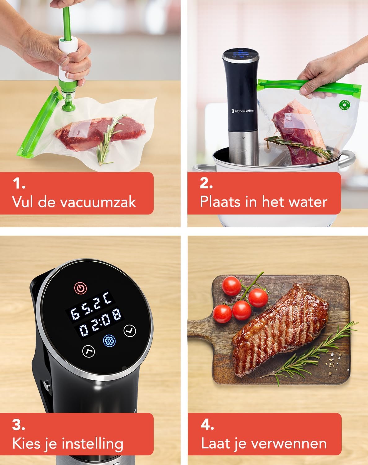 A four-panel image illustrating the sous vide cooking process: 1. Filling a vacuum bag with food, 2. Placing the sealed bag in a water bath with the sous vide stick, 3. Setting the temperature and timer on the device, 4. The final cooked dish.