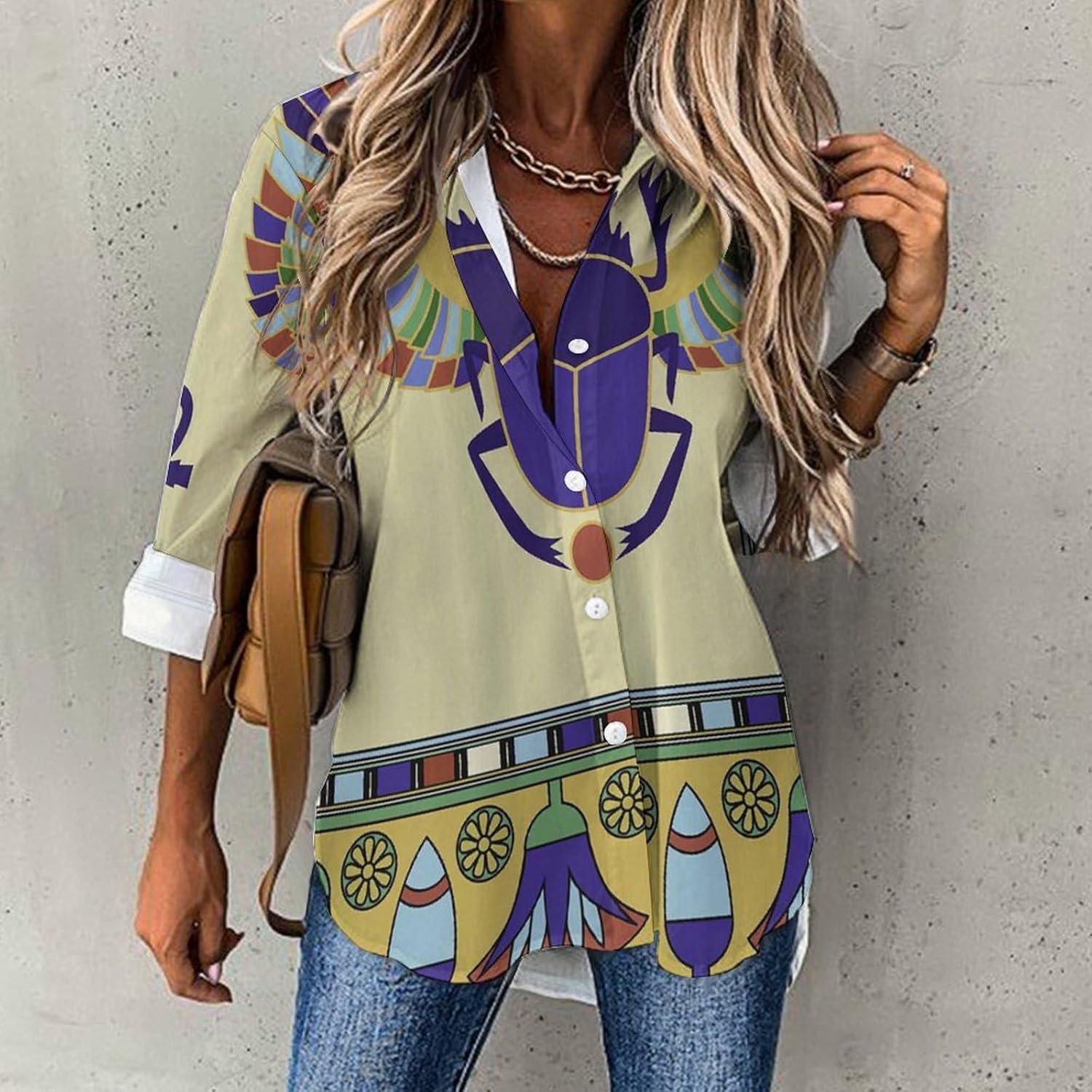 Egyptian Scarab Women's T-Shirt Irregular Hem Shirt Long Sleeve Blouse Loose Fit Tee Tops
