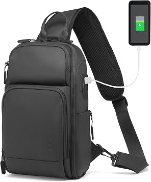 Mens Sling Bag, Convertible Anti Theft Sling Backpack, 11" One Shoulder Crossbody Backpack with USB Charging Port for Working Travel Daily, Black