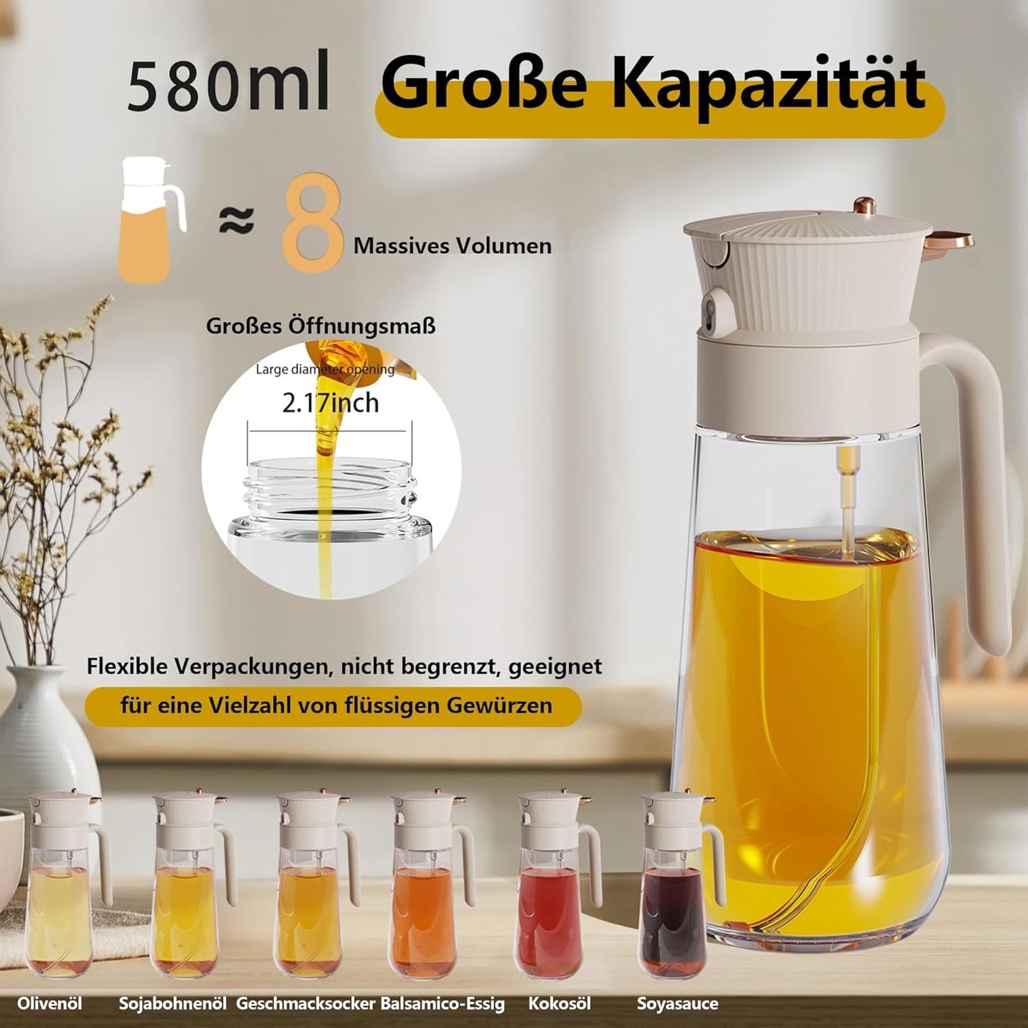 Ölsprayer für Kochen Sprühflasche Olivenöl Zerstäuberflasche aus Glas Feinstaub-Sprühkopf Küchenzubehör, Cremeweiß