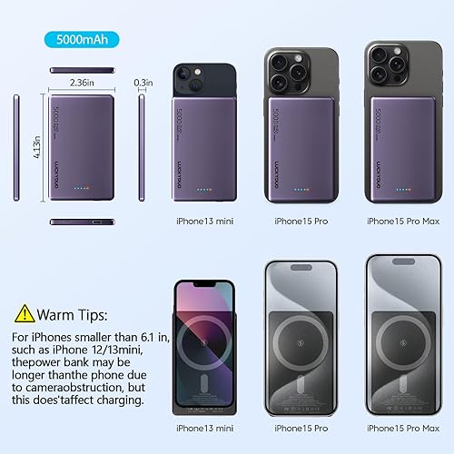 Miniatura 8 de LUCKYDUO Paquete de batería Magsafe, 5000mAh 0.3in Ultra Slim Power Bank, mini cargador portátil magnético inalámbrico compacto delgado con PD 20W
