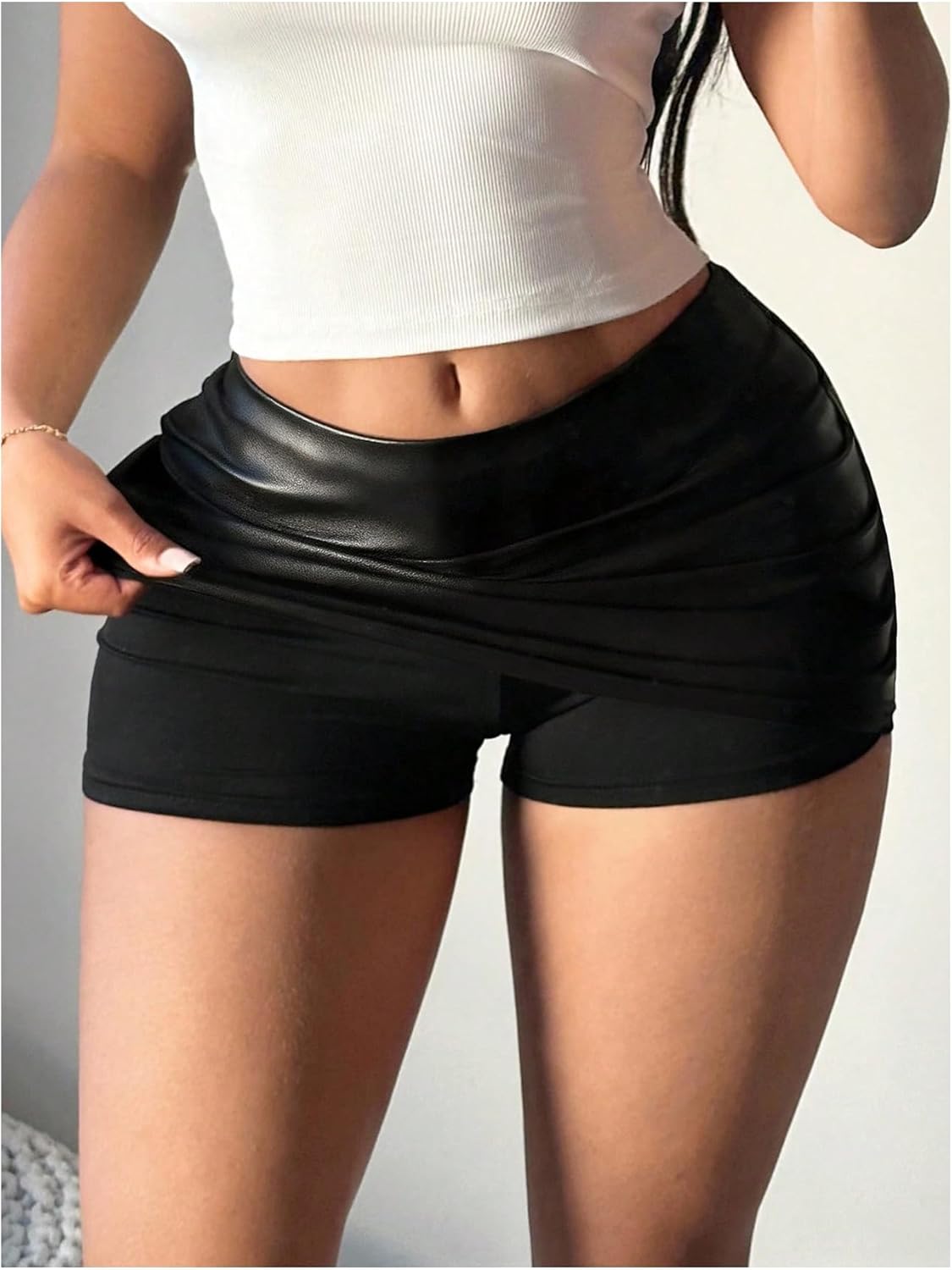 Milumia Women's Sexy Pu Leather Mini Skirt Skort Low Waisted Bodycon Party Club Micro Skirts with Shorts - Image 2