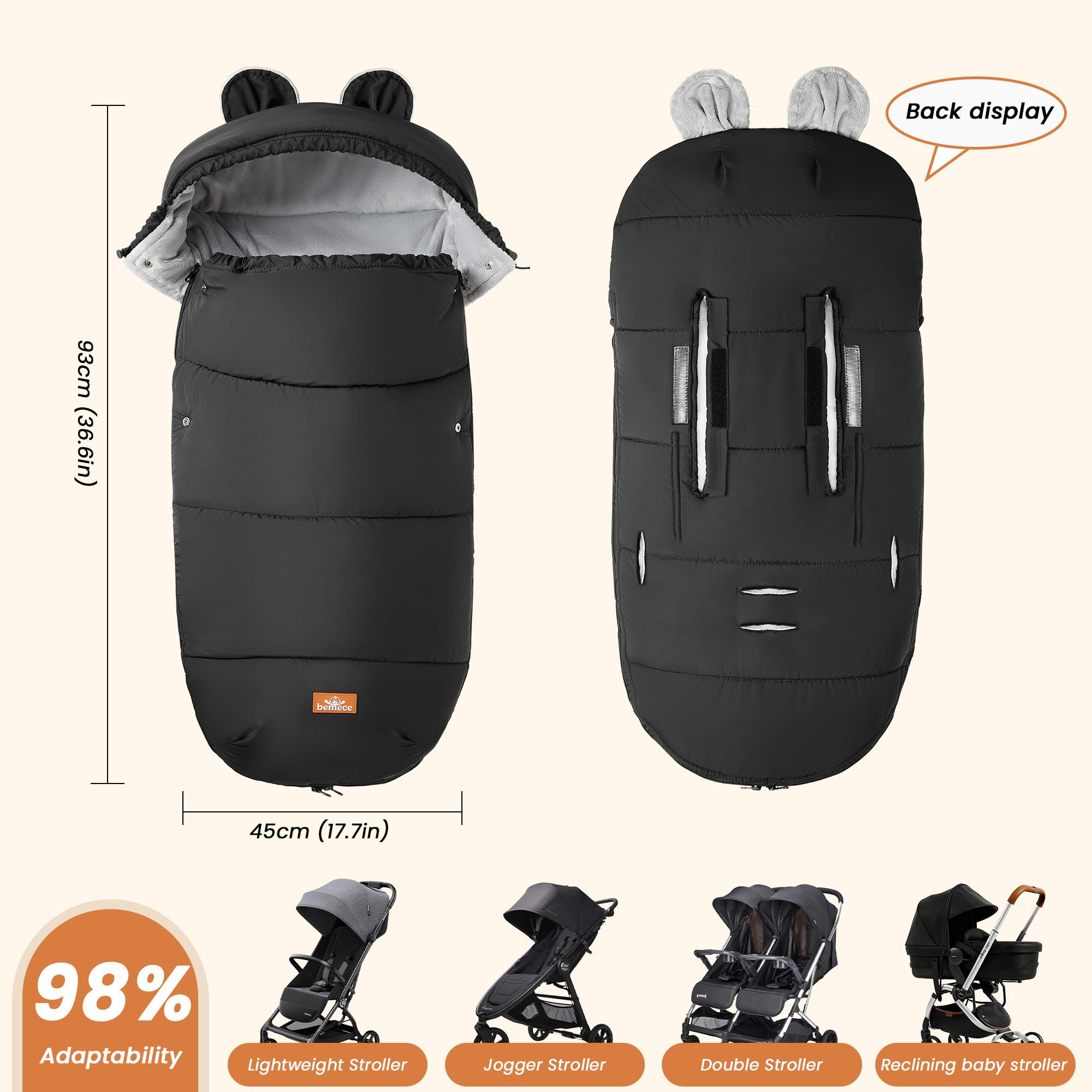 bemece Chancelière Universelle pour Poussette, Chancelière Bébé Poussette Hiver, Peluche Cristalline Chaude et Confortable, Imperméable,Antivent et Antifroid, Fermeture Éclair Amovible-Cadeaux de Fête