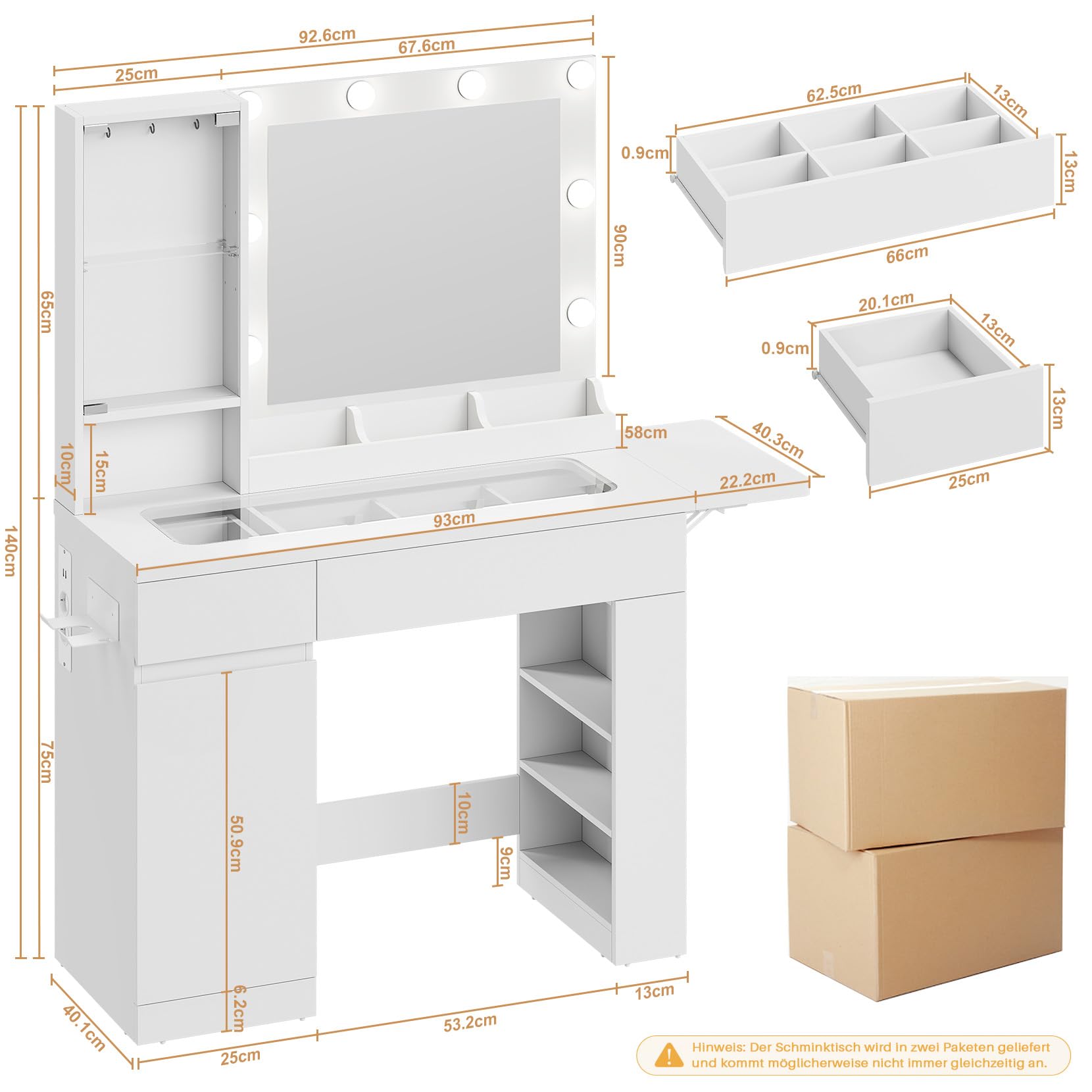 Dripex Tavolo da Toeletta con 10 Sfere Luminose a LED e Prese, 115 cm, con Specchio e Piano in Vetro Trasparente, Vanity Desk per Camera da Letto, Bianco