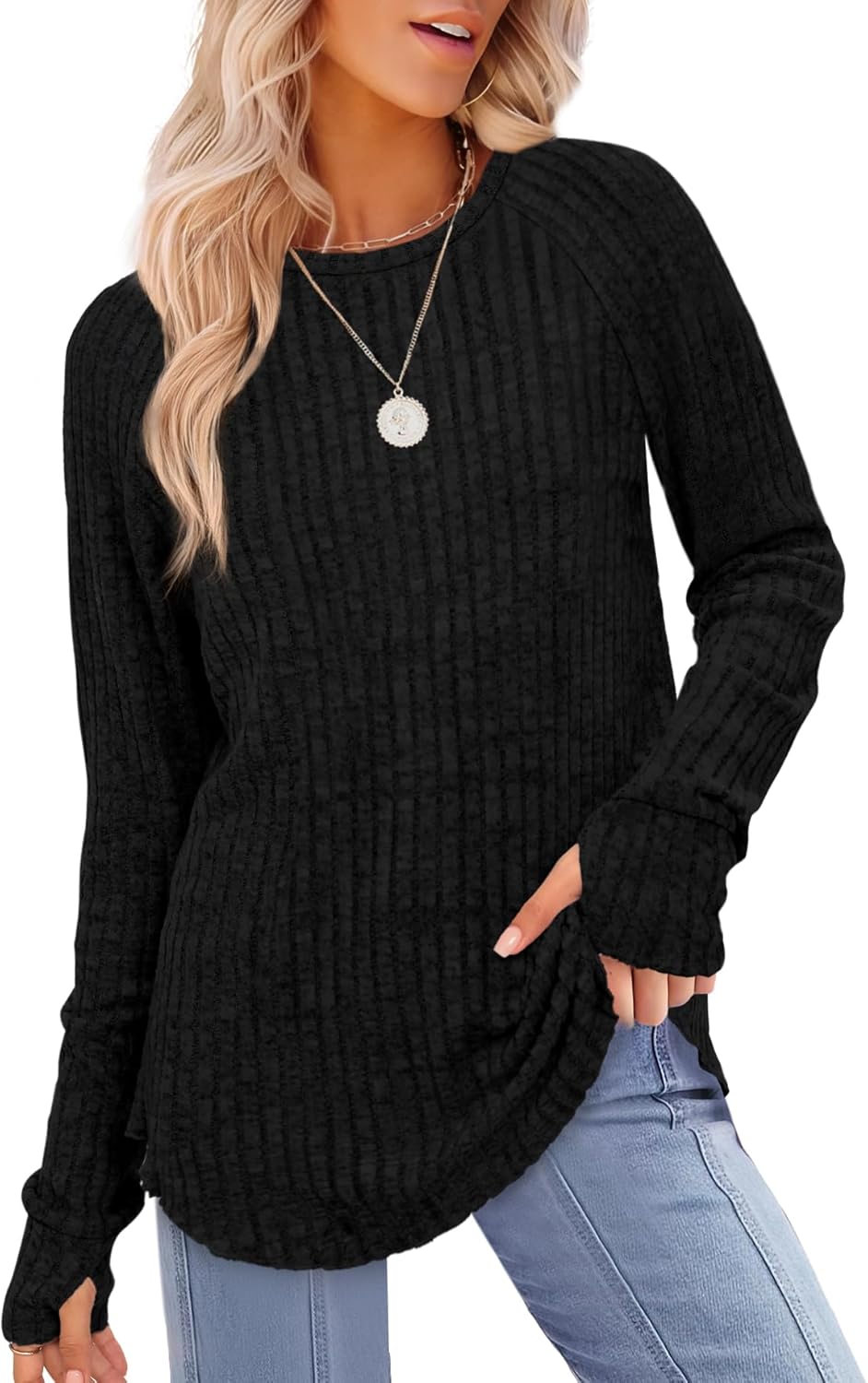 Saloogoe Women’s Long Sleeve Top Crewneck Basic Lightweight Fall Shirt with Thumb Hole