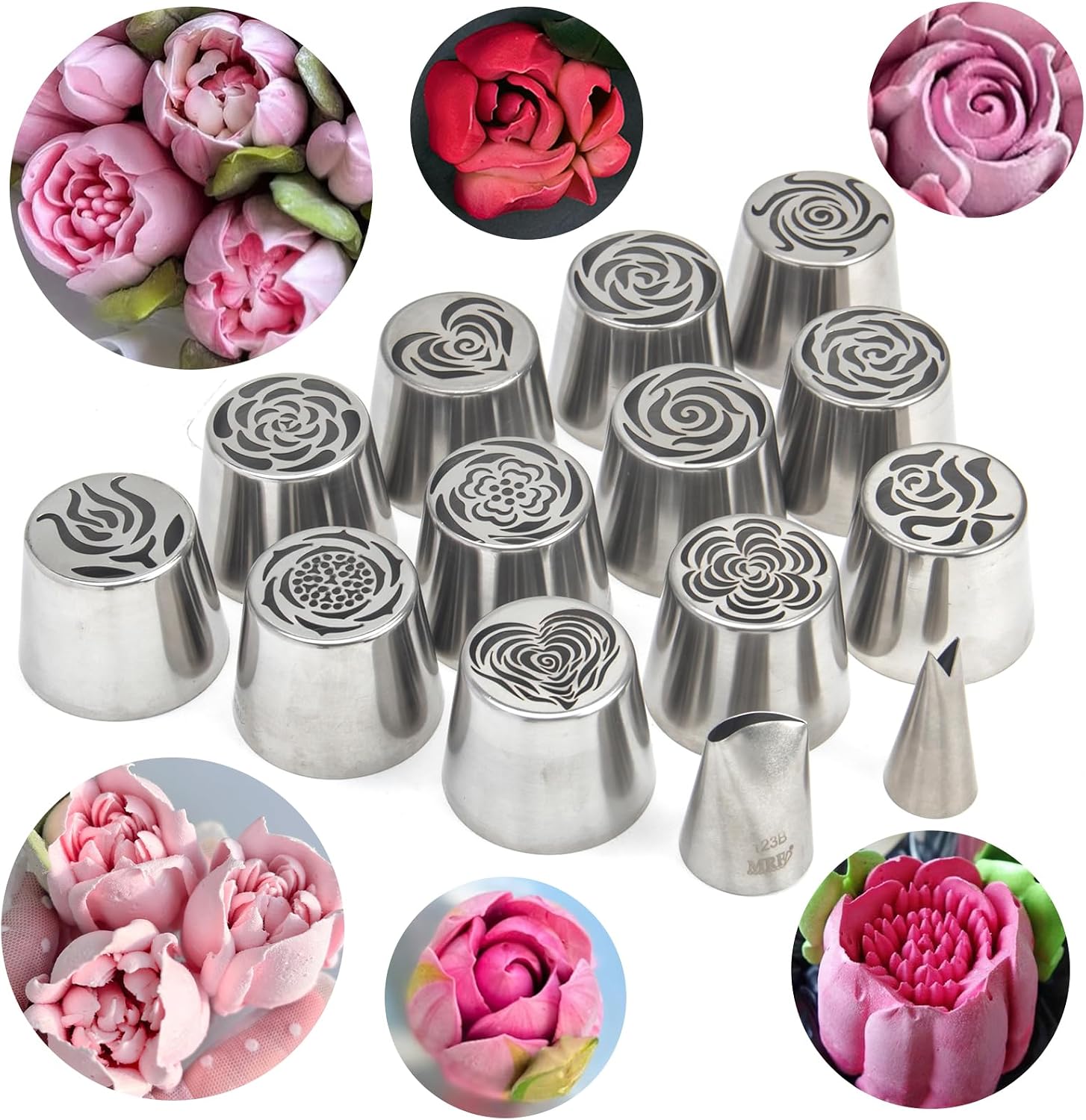 12 Pcs Extra Large Stainless Steel Seamless Russian Flower Piping Tips Kit,Cake Decorating Floral Icing Nozzles Set with 1 Clean Brush,10 Disposable Pastry Bags,1 Leaf and Petal Icing Tips