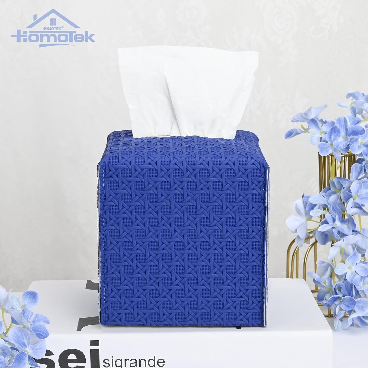 HOMOTEK 1 Pack Tissue Box Cover, Square PU Leather Tissue Holder, Decorative Facial Tissue Cube Paper Organizer Dispenser for Bathroom, Night Stands, Desk, Car 5X5X5'' - Rattan Weave, Blue image 4
