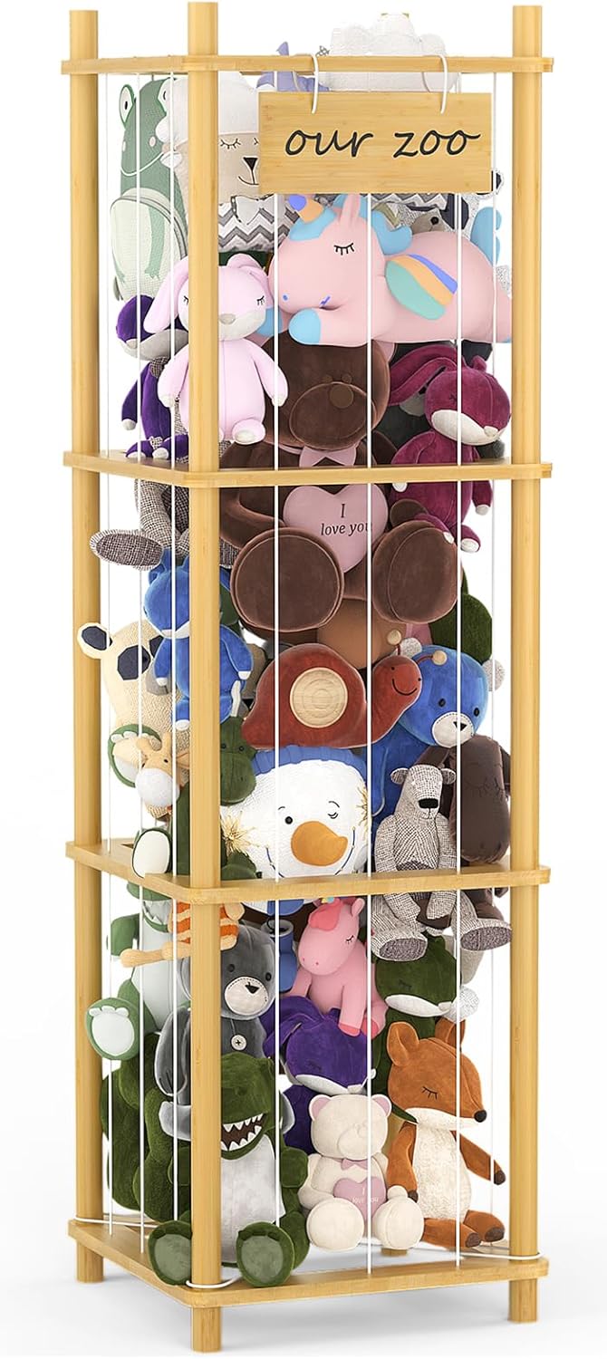 Bamboo Stuffed Animal Storage Zoo, Large Capacity Plush Toy Cage, Wood Stuffed Animals Holder for Bedroom Playroom