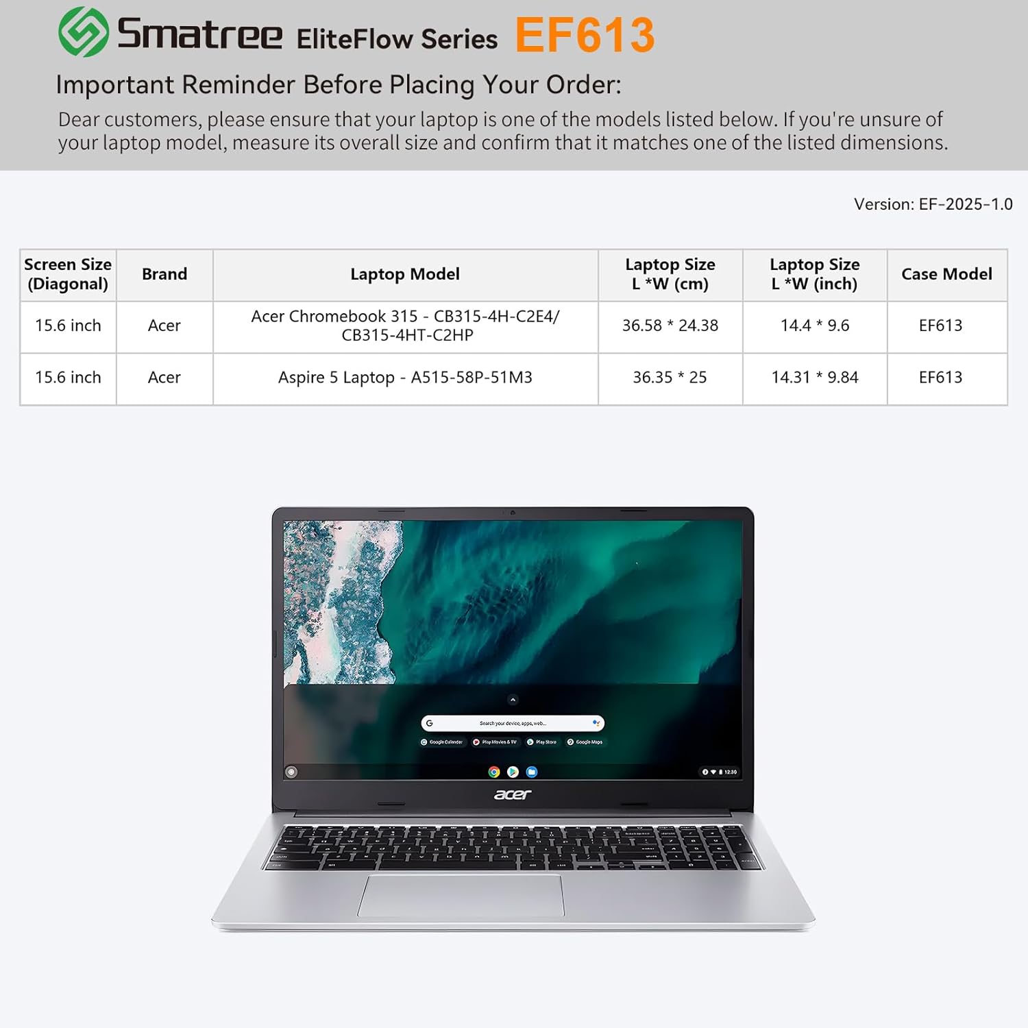 Smatree EliteFlow Laptop Sleeve Case for 15.6 inch Acer Chromebook 315, for 15.6 inch Acer Aspire 5, Slim Protective Laptop Case with Pocket and Handle, Patented Super-Corner Shock Protection (EF613)
