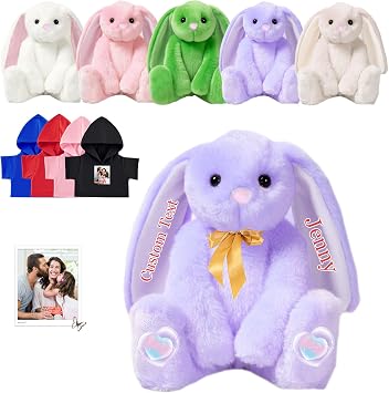 Personalized Bunny Stuffed Animal, Custom Stuffed Bunny Plush with Photo and Text as Personalized Gifts Plushie Rabbit Stuffed Animal for Boys Girls, Kids First Easter Gift, 10 inch