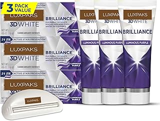 CRST 3D White Brilliance Luminous Purple Teeth Whitening Toothpaste, 4.6 oz, Pack of 3 – Best Purple Whitening Toothpaste Bundled with LUXPAKS Squeezer