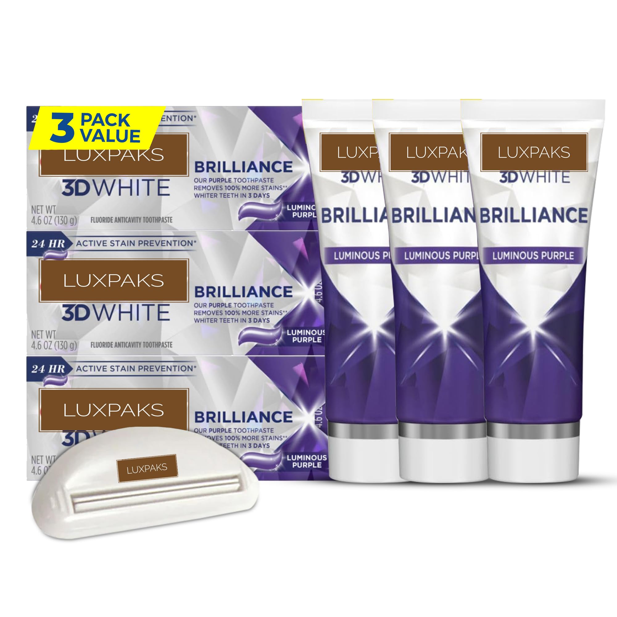 Sponsored Ad – CRST 3D White Brilliance Luminous Purple Teeth Whitening Toothpaste, 4.6 oz, Pack of 3 – Best Purple Whitening Toothpaste Bundled with LUXPAKS Squeezer