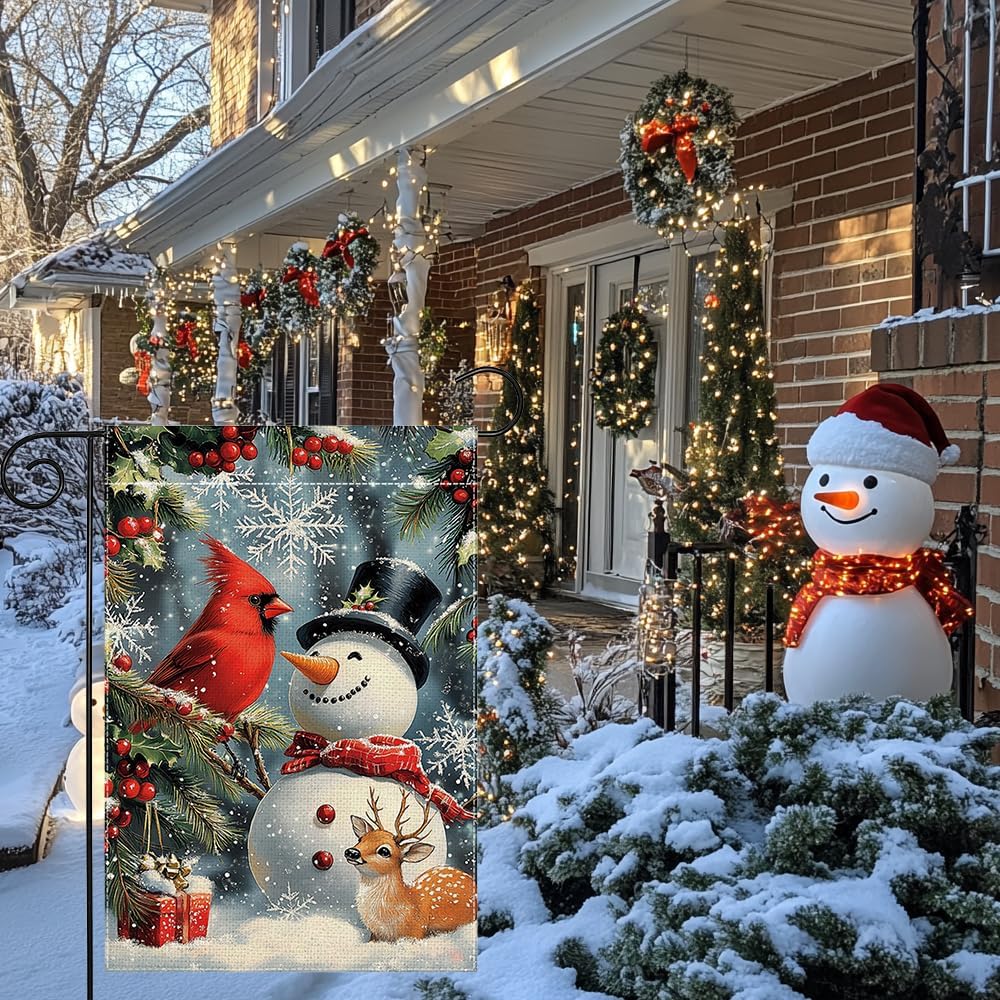 Winter Snowman Snowflake Garden Flag 12x18 Inch Double Sided, Cardinal Red Bird Reindeer Christmas Yard Outdoor Flag House Holiday Outside Decoration - Image 8