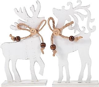2 Pcs Wooden Reindeer Christmas Decorations - Rustic White Deer Figurines for Home Shelf, Cabinet, Desktop - Festive Holiday Decor for Living Room, Bedroom, Office