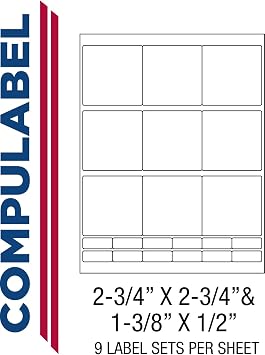 Compulabel 311400 White 3 1/2 Floppy Labels for Laser and Inkjet Printers, 2 3/4 x 2 3/4 Inch and 1 3/8 x 1/2 Inch, Permanent Adhesive, 9 Sets/Sheet, 100 Sheets per Carton