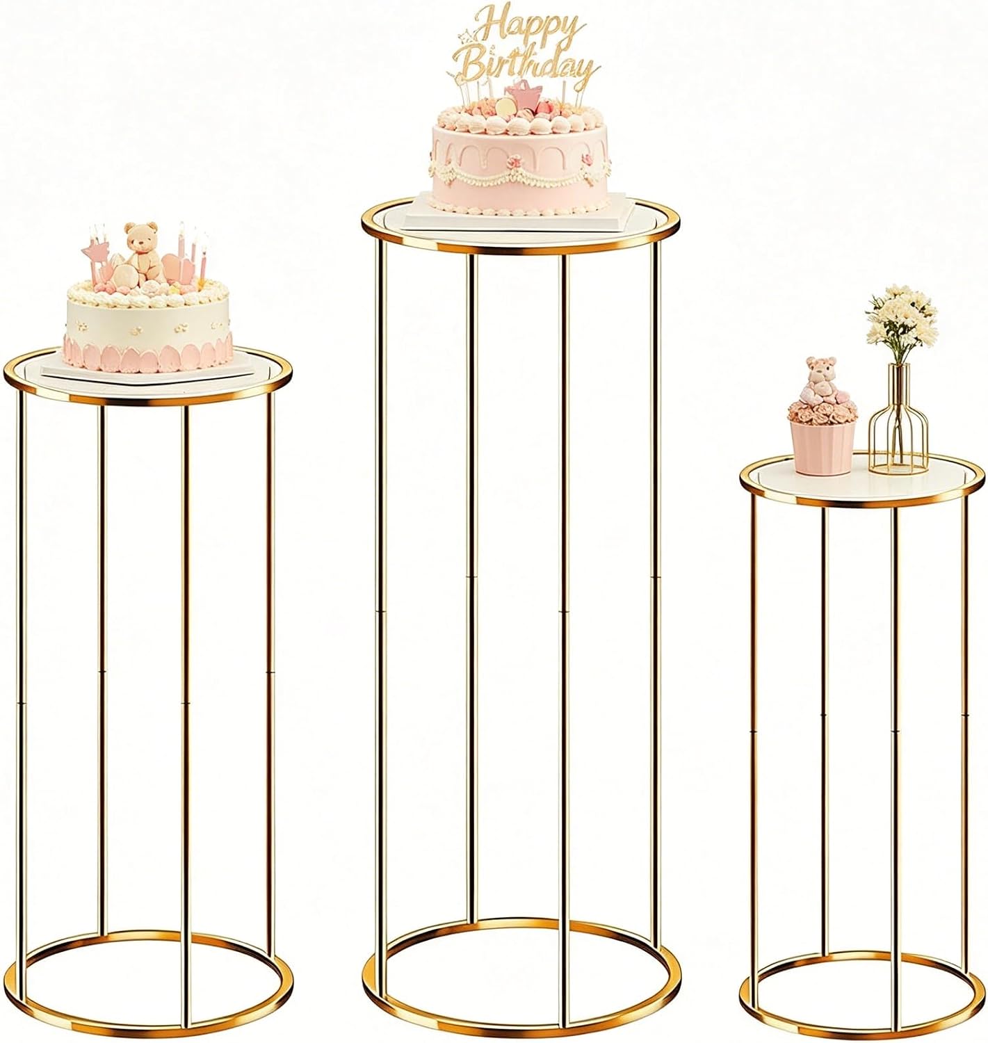 Takywep Cylinder Stands for Party, 3PCS Golden Metal Cake Pedestal Stand Height Adjustable for Weddings, Birthdays, Baby Showers Elegant Multi-Tier Dessert Display Stand for Parties & Events