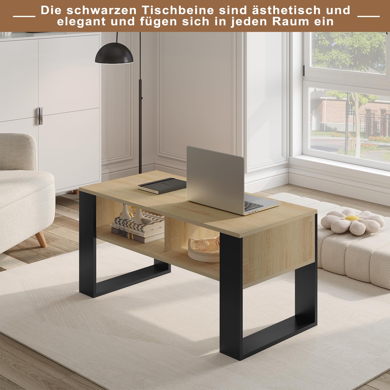 WOLTU Couchtisch mit Stauraum, Beistelltisch fürs Wohnzimmer, Wohnzimmertisch modern, rechteckiger Kaffeetisch Sofatisch, 2 offene Fächer, helle Eiche Schwarz, BTS16hei