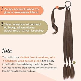 SEIKEA Long Braided Ponytail Extension with Hair Tie Straight Wrap Around Hair Extensions Ponytail Natural Soft Synthetic Hair Piece Daily Wear 34 Inch 180 Gram Medium Brown with Medium Auburn