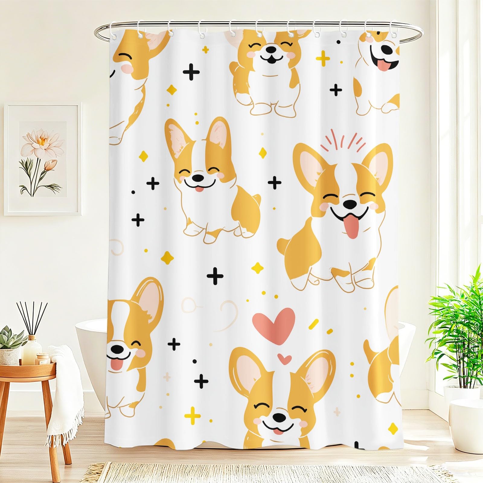 Urocza zasłona prysznicowa dla zwierząt domowych, 120 x 200 cm, kreskówkowe Corgi, serce, zasłony do wanny, biała, wodoodporna, odporna na pleśń, zasłony łazienkowe do dekoracji łazienki, z haczykami