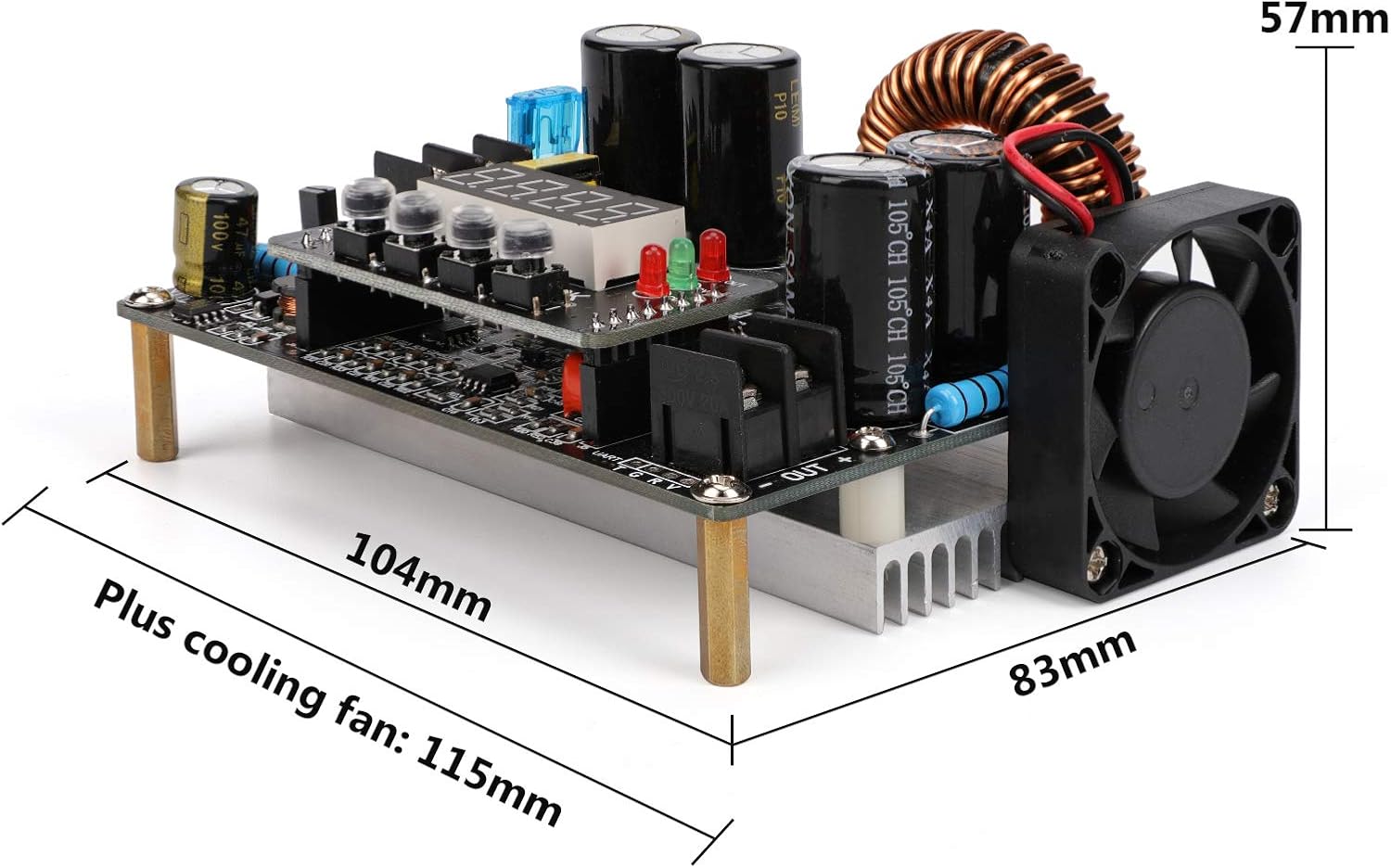 Dimensions of DROK DC Buck Converter showing length, width, and height