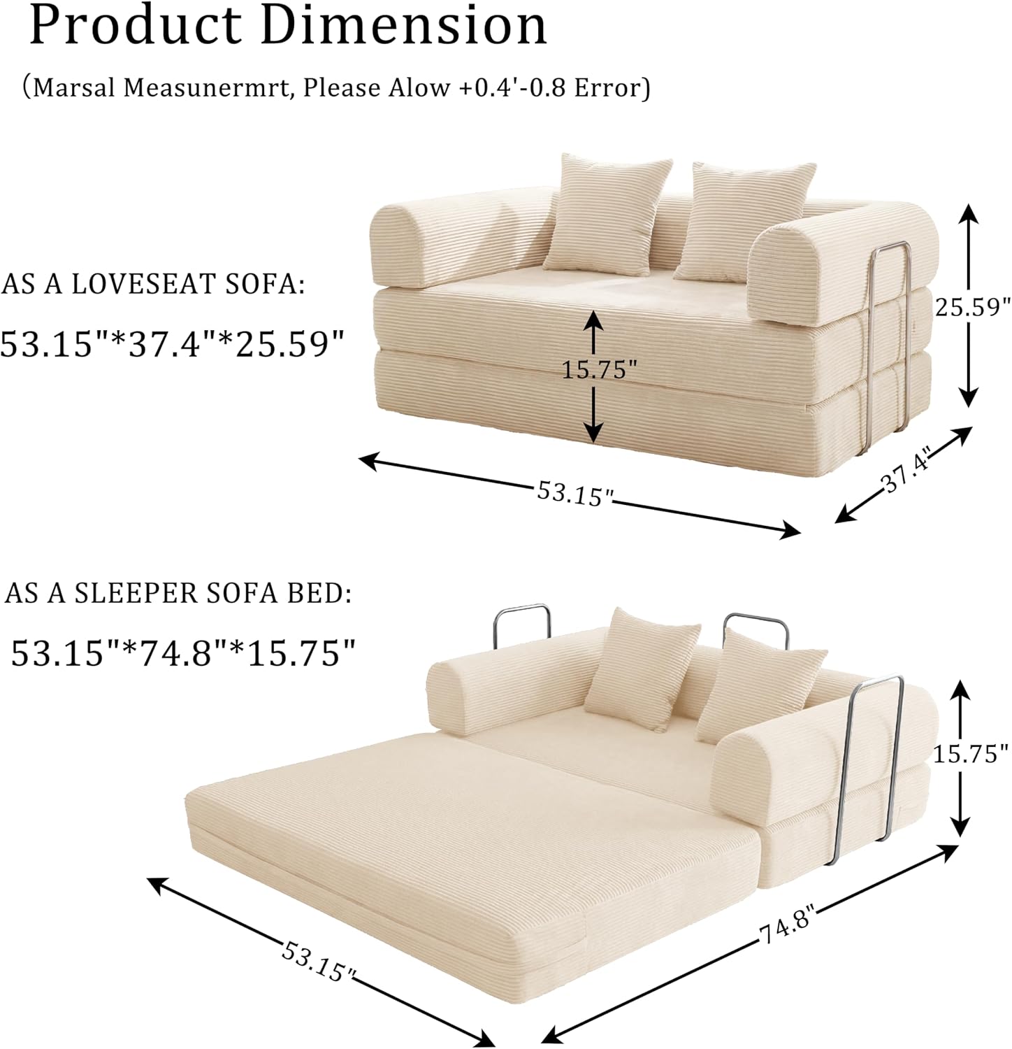 HouseMila 53.15" Boneless Couch,4-in-1 Futon Sofa Bed Modular Loveseat Sleeper Folding Compressed Couch with Pillows,No Assembly Required Convertible Sofa Bed for Living Room Bedroom Guest Room,Beige