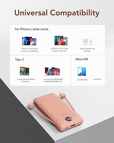 Miniatura 6 de VEGER Portable Charger with Built-in AC Plug and Cables, All in One 10000mAh Ultra Slim Power Bank Travel Essentials, 15W Fast Charging Battery Pack