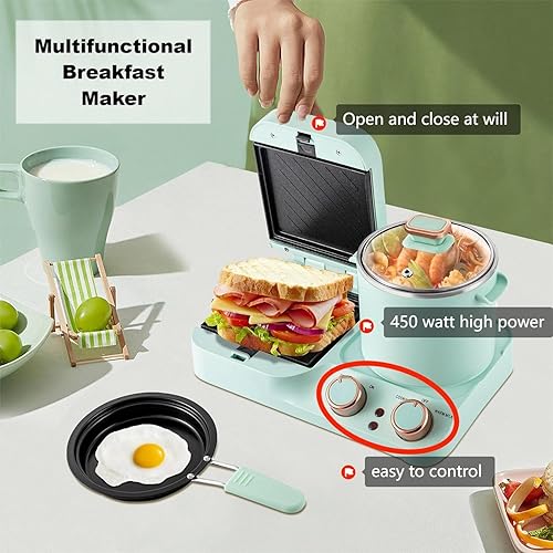 Miniatura 2 de Sandwichera de desayuno con olla hirviendo, estación de desayuno 3 en 1, mini tostadora eléctrica retro para el hogar con sartén y bandeja,