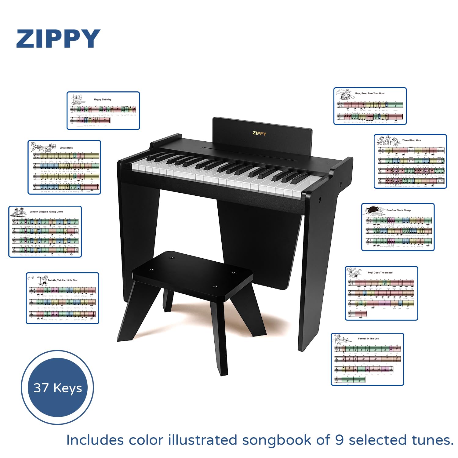 ZIPPY - Klaviertastatur für Kinder, 37 Tasten Digitales Klavier für Kinder, Musikpädagogisches Instrumentenspielzeug, Holzklavier für mehr als 3 Mädchen und Jungen, Schwarz Basic