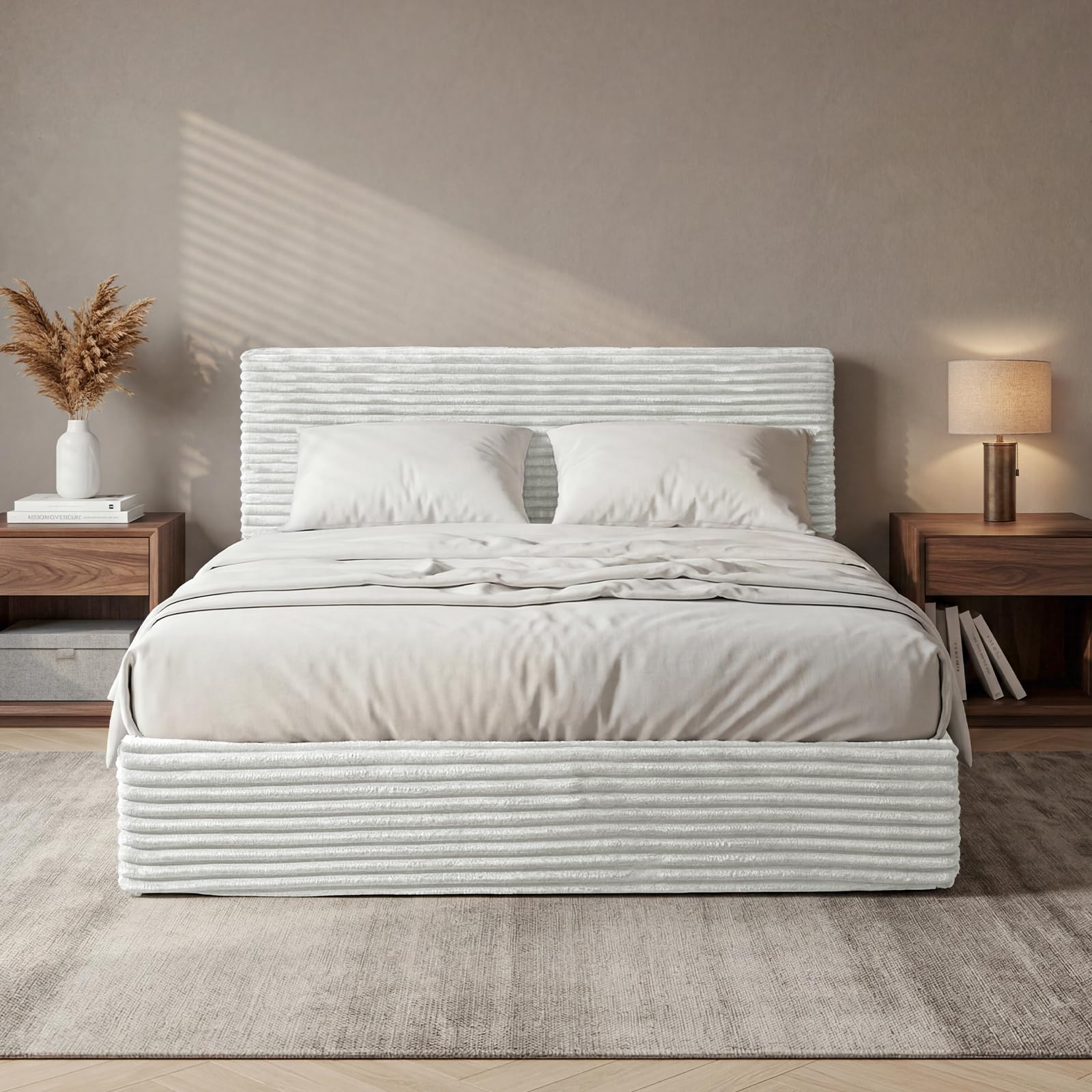 Vamcheer Schaumstoff-Bettgestell 140x200 cm (Ohne Matratze), Polsterbett mit 15cm extra Dicker Kopfteil, Geräuschloses Soft-Bett ohne Werkzeug Montage, Anti-Kollision Design, Beige