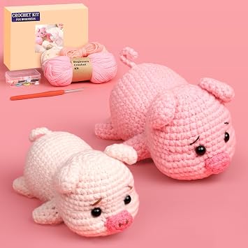 Qyeahkj 2 Pack Pig Crochet Kit for Beginners with Easy Yarn and Step-by-Step Video Tutorials Adults DIY Crochets Animal Kits Art Crafts Knitting Ideal for Teacher Mothers Day Birthday Gifts