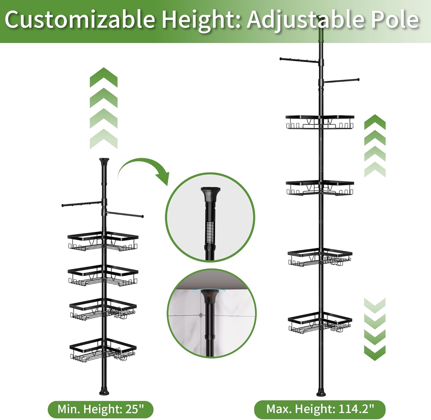 Taozun Shower Caddy Organizer Tension Pole, Rustproof 2 Towel Bars and 4 Adjustable Shelves, 25-114.2 Inch No-Drill Quick Installation, Extra Soap Dish for Bathroom Storage Black