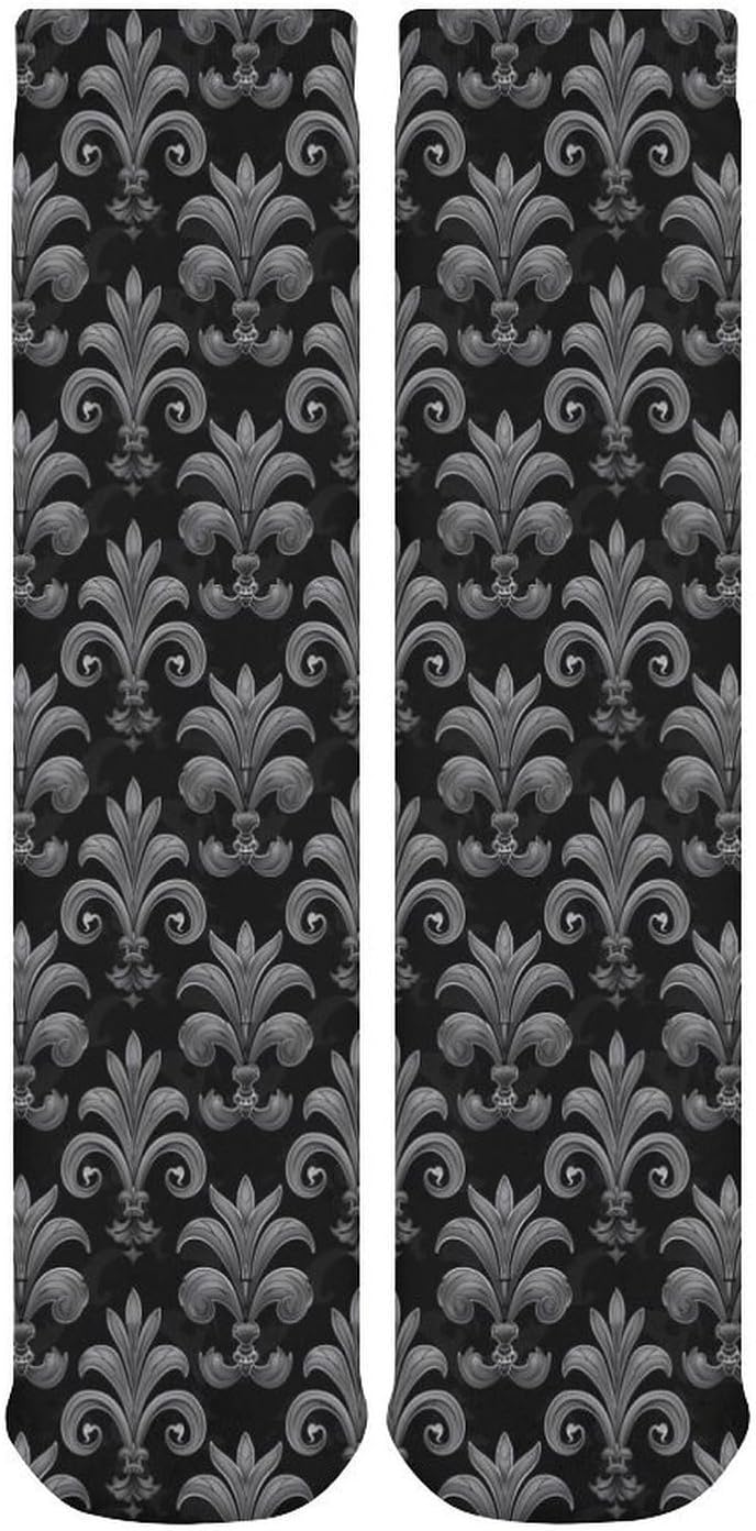 Black Grey Fleur-De-Lis Flowers Knee High Socks Casual Long Stockings Over Calf Sock Tube for Women Men