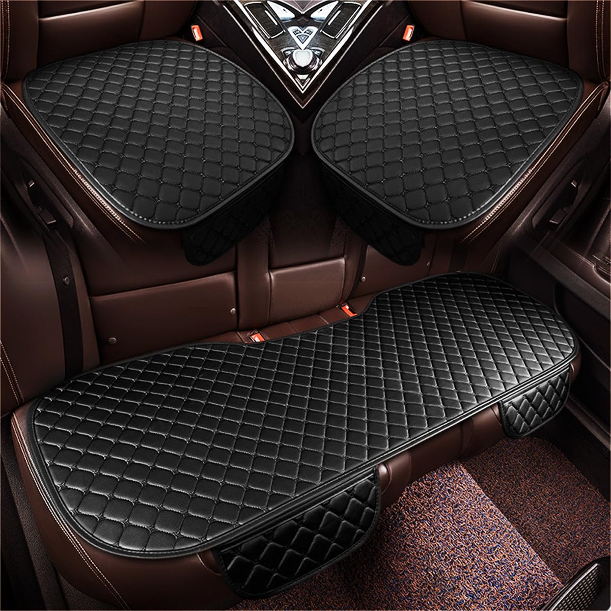 STHIRA 3Pcs Pu Car Seat Cover With Storage Pouch Anti-Slip & Anti-Scratch Covers For Includes 2 Front 1 Long Rear Ultimate Comfort Durability Protector, Black