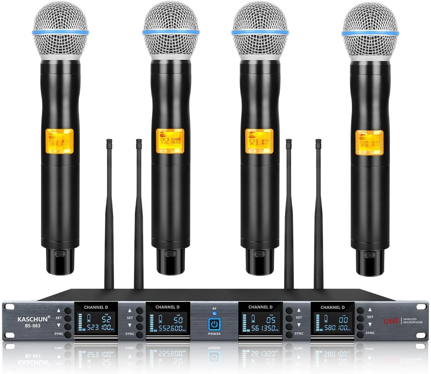 Wireless Microphone System 4 Channel with 4x100 UHF Adjustable Frequency, Metal Cordless Mic, Bring Auto Scan Feature 328 ft Range, Microphone for Singing, DJ Party, Karaoke, Church (BS-883-4H)