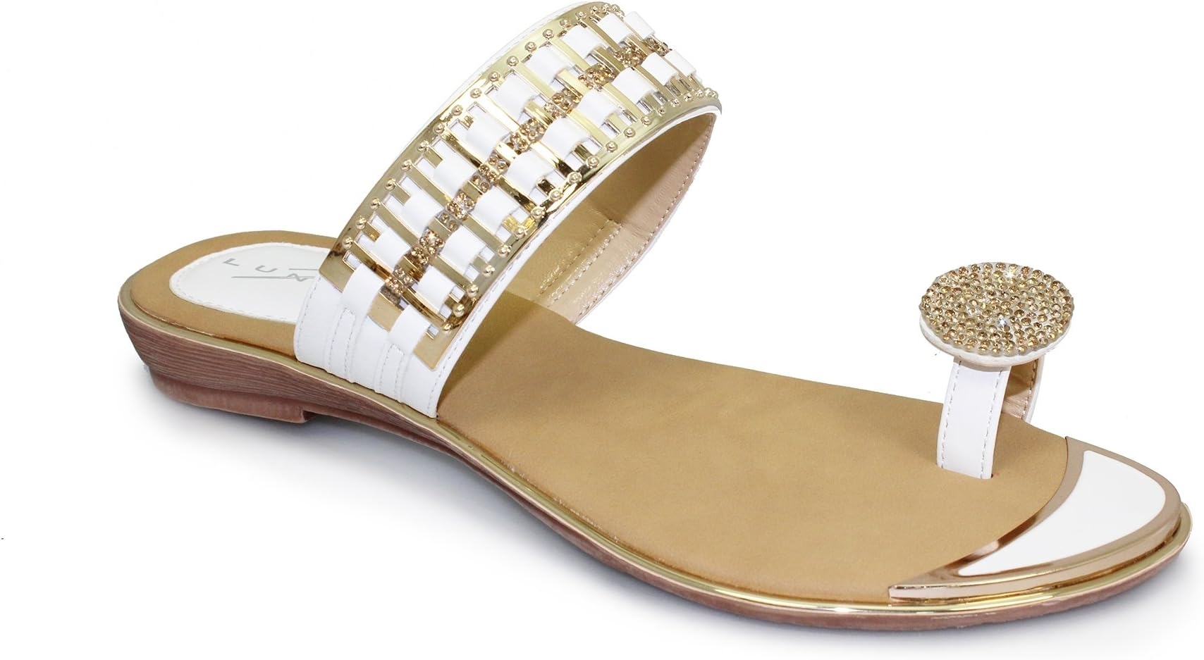 Lunar Womens Elba Diamante Toe Loop Sandal with Toe Plate and Gold Detailing. White, Pink or Black. Sizes 3,4,5,6,7,8
