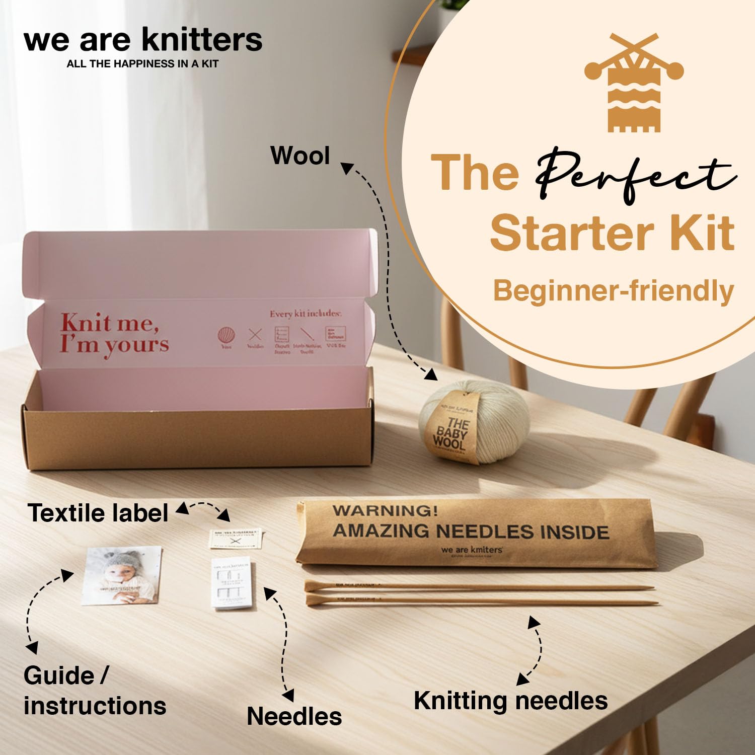 We Are Knitters Loris Beanie Strickset für Babys, DIY Mütze aus 100% Alpaka Wolle zum Stricken, Häckel kit für Anfänger, Strickset für Anfänger inkl. Stricknadeln Set, Größen 0-6M & 6-12M