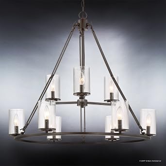 Urban Ambiance Luxury Industrial Two-Tier Chandelier, Large Size: 30 H x 33 W, with Western Style Elements, Rectangular Link Design, Elegant Estate Bronze Finish and Seeded Glass, UQL2131