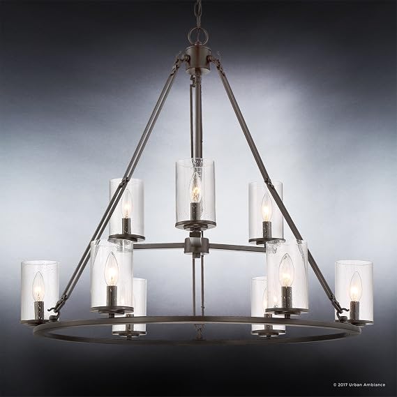 Urban Ambiance Luxury Industrial Two-Tier Chandelier, Large Size: 30 H x 33 W, with Western Style Elements, Rectangular Link Design, Elegant Estate Bronze Finish and Seeded Glass, UQL2131