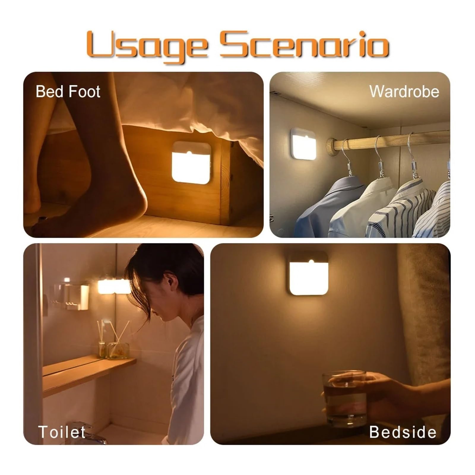Lampa Z Czujnikiem Ruchu LED Ładowaniem Kwadratowa Do Sypialni, Kuchni, Schodów, Korytarza, Garderoby, Szafki, Oświetlenia Nocnego(4Pcs,Cold White 5600K)
